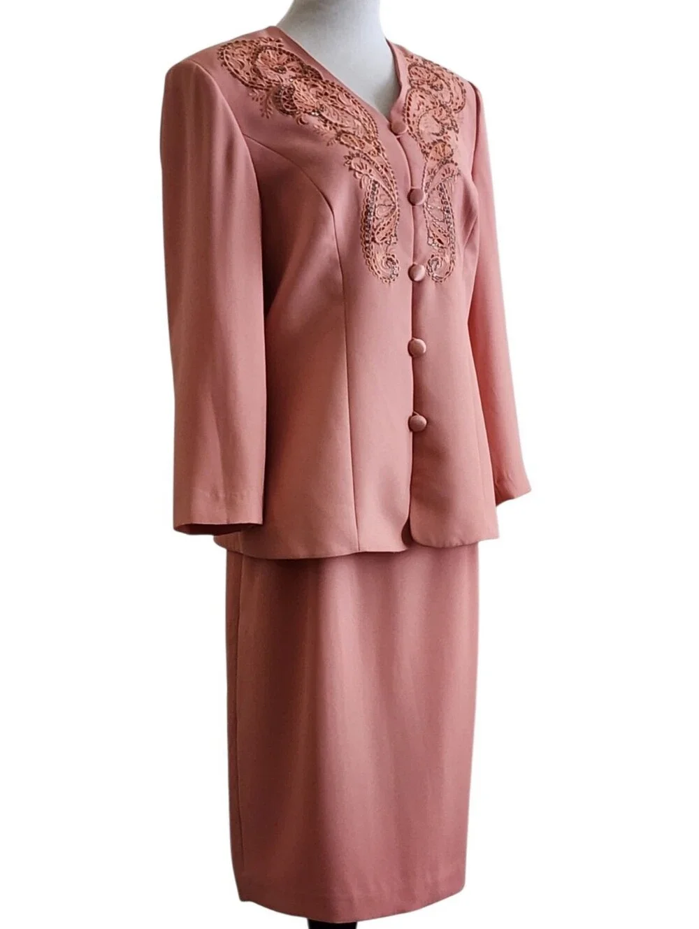 K.C. Studio dusty rose suit rhinestone embroidery jacket lined pencil skirt, NWT
